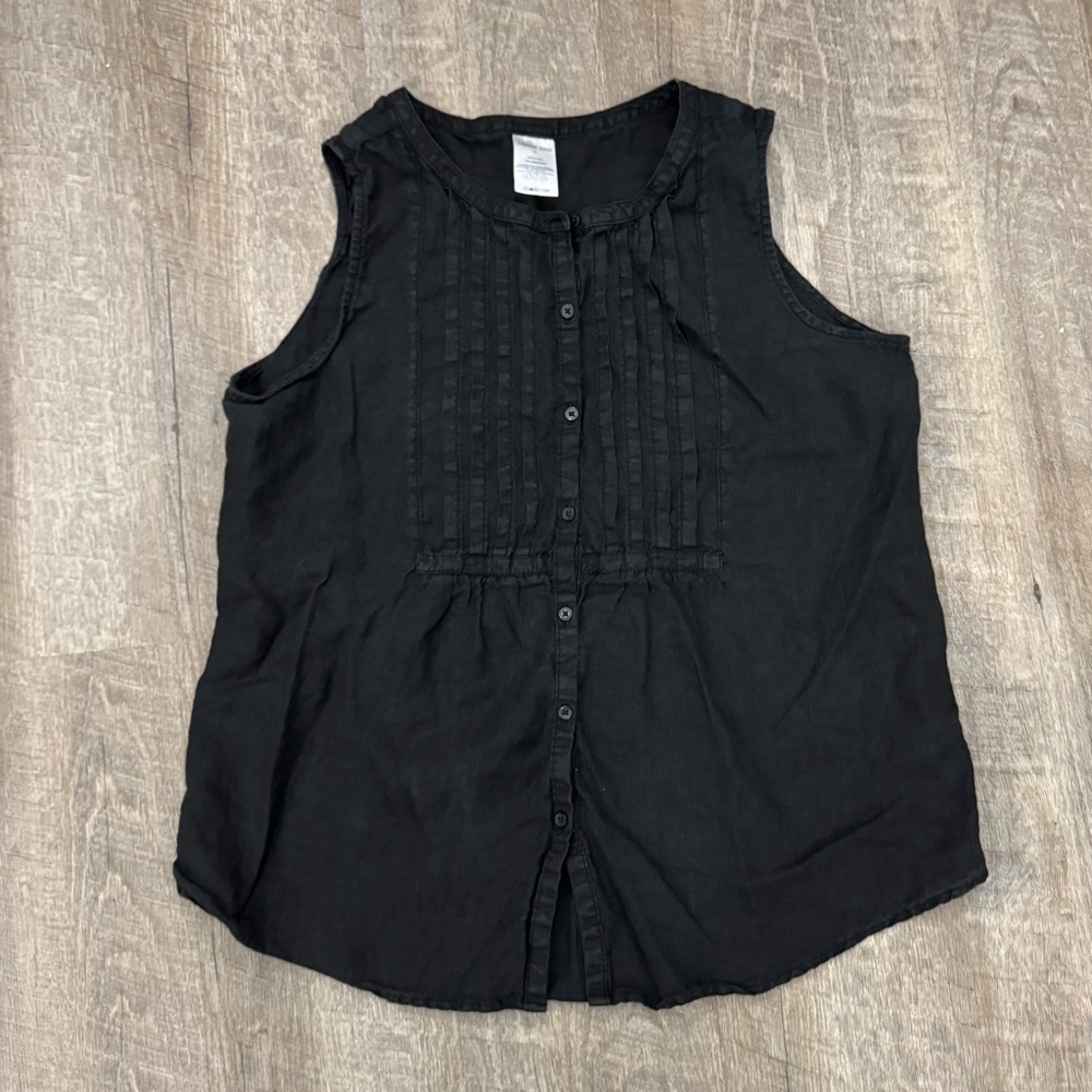 Lands End Black Linen Pin-tuck Button Tank Sz 14